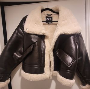 Zara Faux leather fleece collar jacket, size XL, dark brown